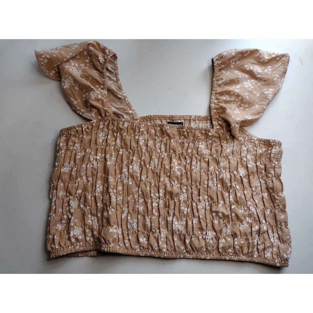 Lane Bryant Smocked Floral Crop Top Square Neck Flutter Sleeve Tan White Size 24